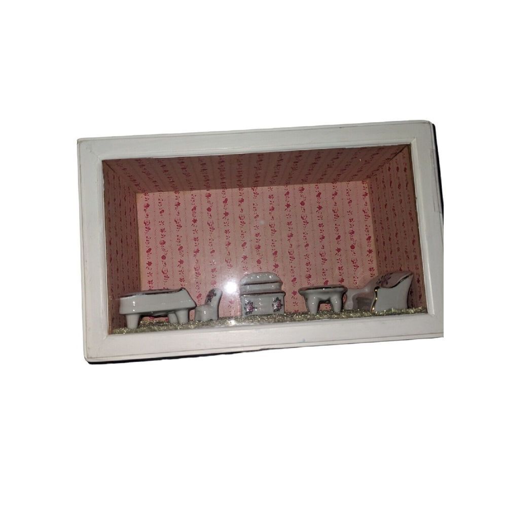 Vintage Handmade Porcelain Miniature Living Room Shadow Box‎